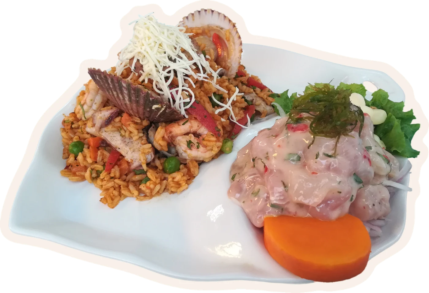 Dúo de ceviche y arroz con mariscos de Tres Estilos
